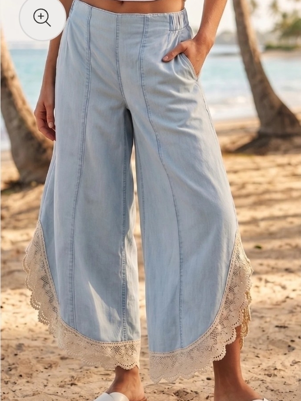 202p BiBi Light Blue Wide-Leg Jeans with Cream Lace Trim